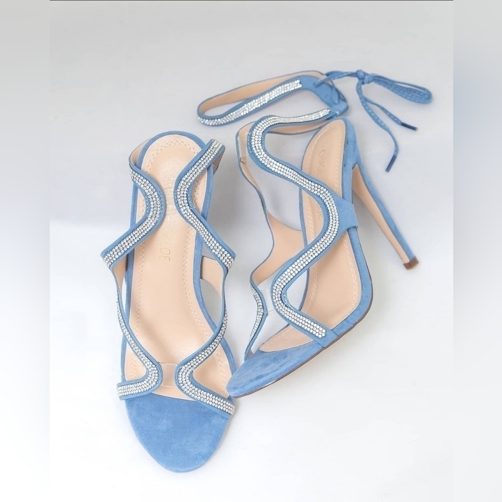 BLUE suede strappy heels with jewels